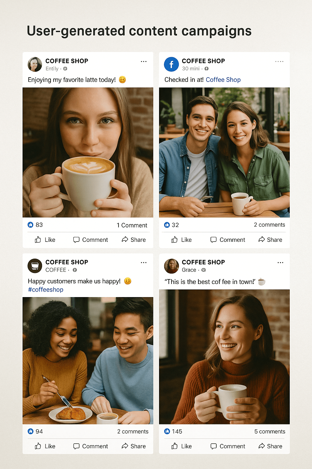 Facebook video marketing examples showing behind-the-scenes content, staff features, and live streaming sessions for local business engagement
