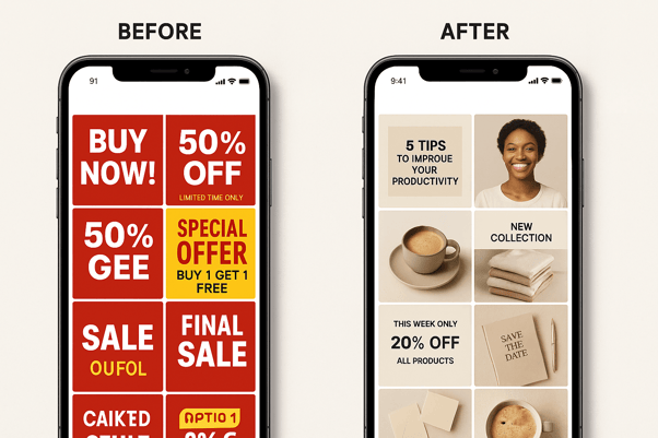 Social media feed transformation from overly promotional posts to balanced, engaging content that drives customer interest
