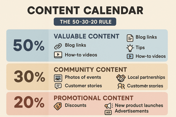 Visual content calendar displaying balanced mix of valuable, community, and promotional content for local business social media