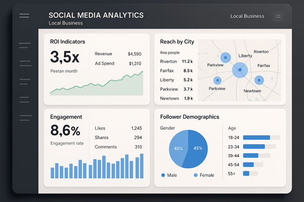 Social media analytics dashboard displaying local business performance metrics and ROI tracking