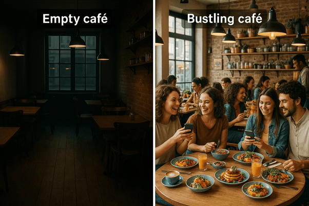 Empty café contrasted with busy café where customers are actively sharing their experience on social media