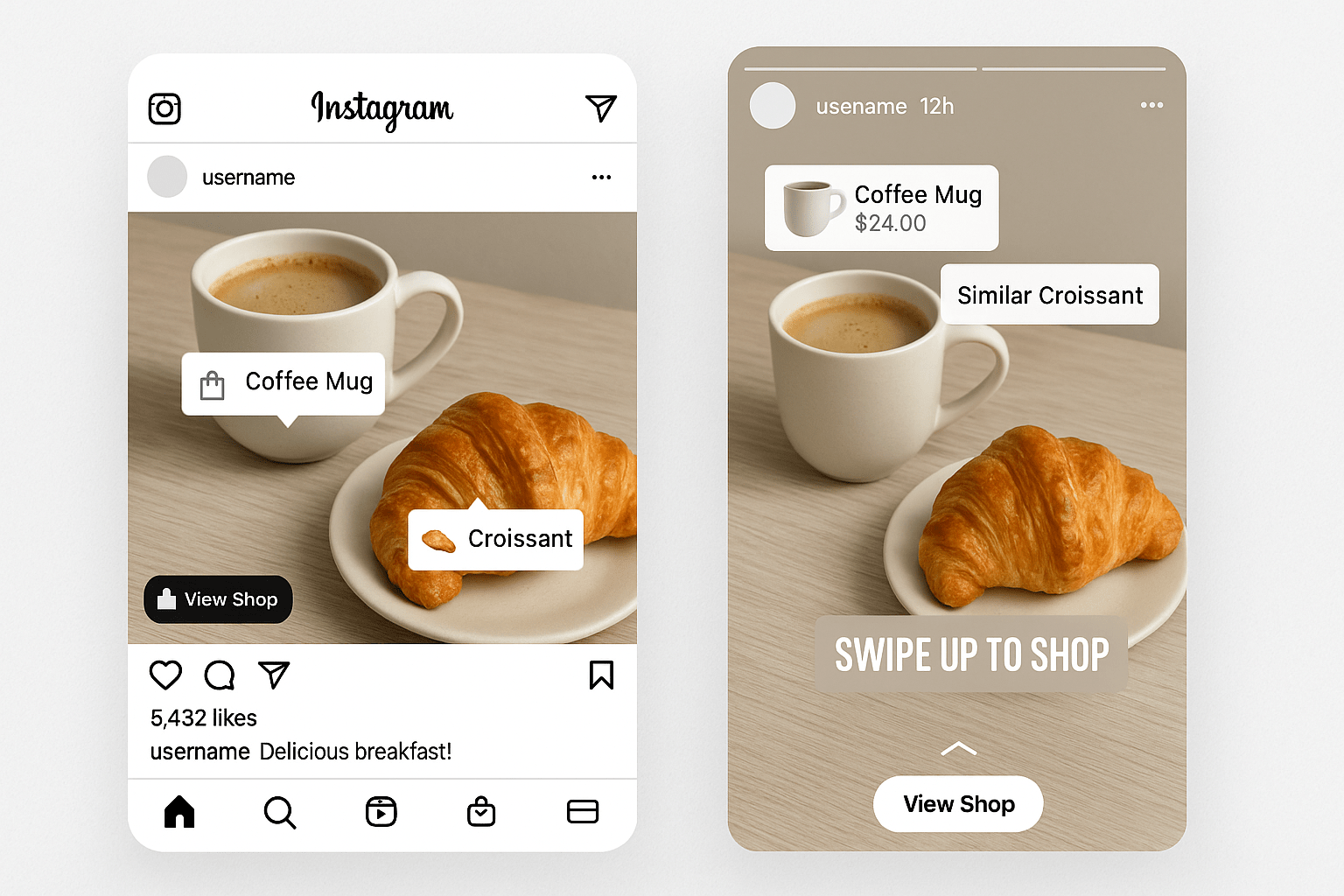 Instagram Shopping interface showing product tags on a food photo and shopping stickers in an Instagram Story