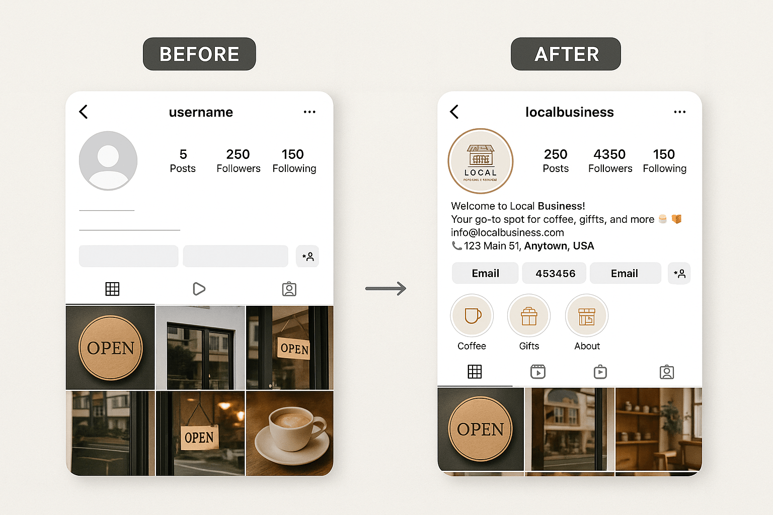 Instagram business profile transformation from incomplete to fully optimized with contact info, location, and compelling bio