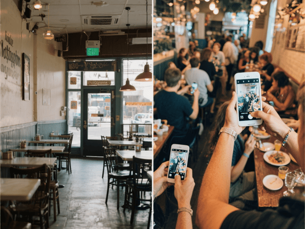 Empty restaurant contrasted with busy restaurant where customers are photographing and sharing their experience on Instagram