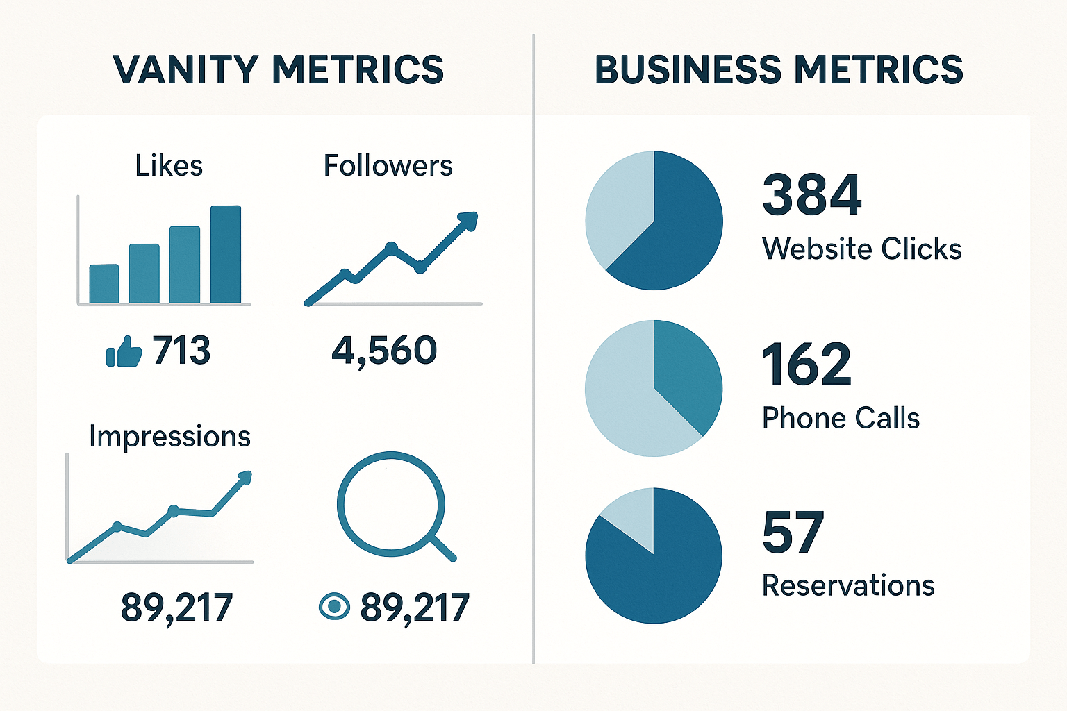 Facebook analytics comparison showing the difference between vanity metrics and meaningful business conversion metrics