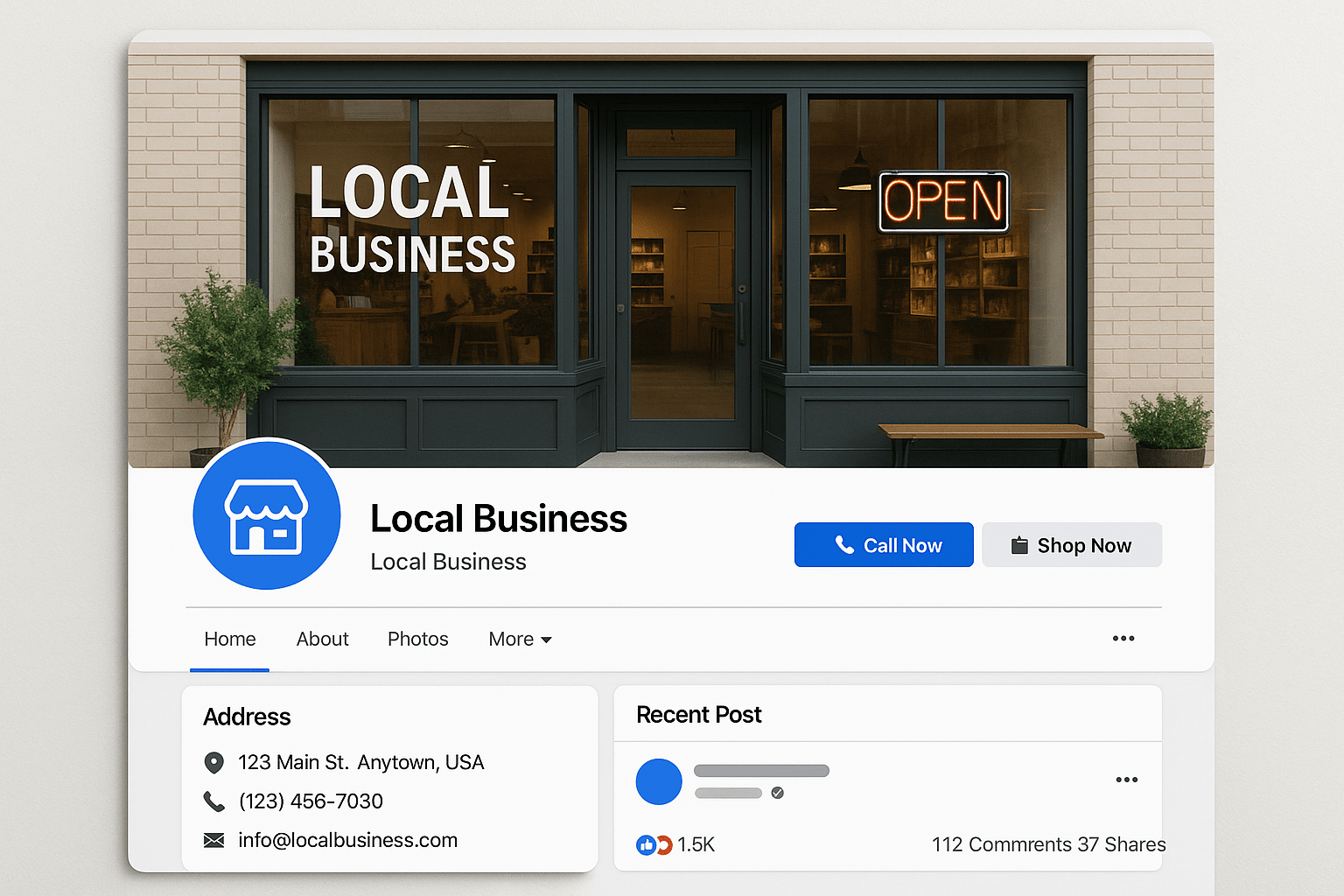 Optimized Facebook business page for local restaurant showing complete profile information and engaging content