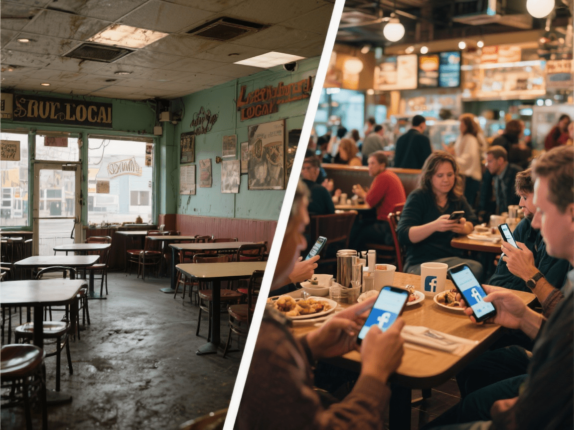 Comparison of empty restaurant vs. busy restaurant where customers are sharing their dining experience on Facebook