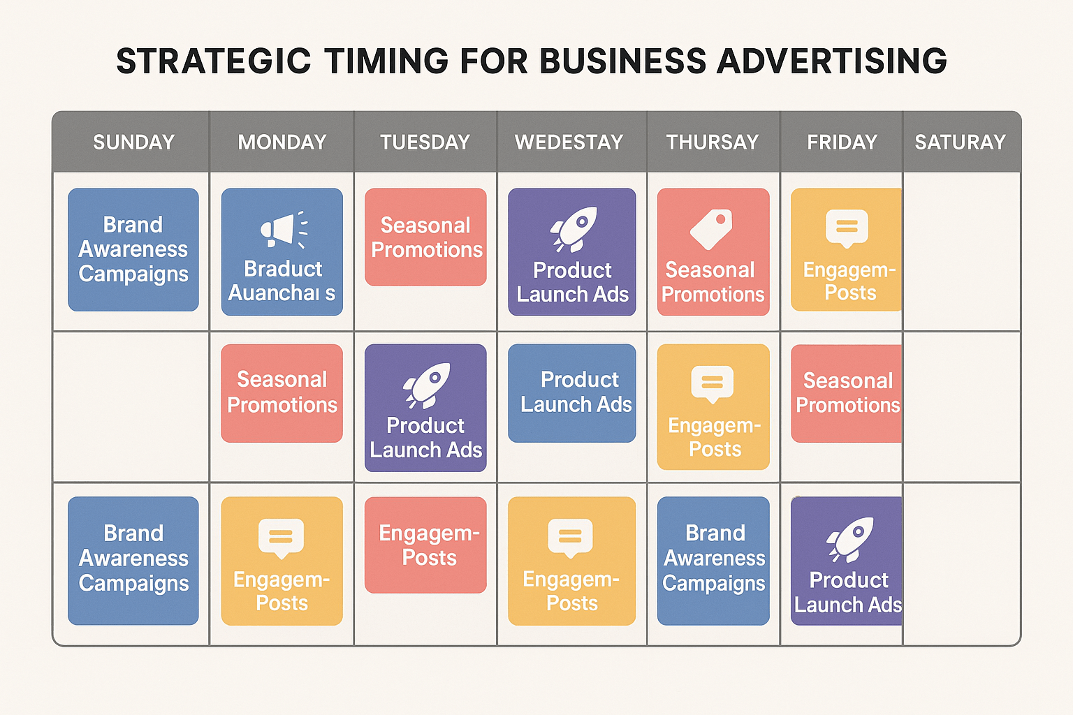 Weekly advertisement posting calendar for local business showing optimal timing for different types of promotional content