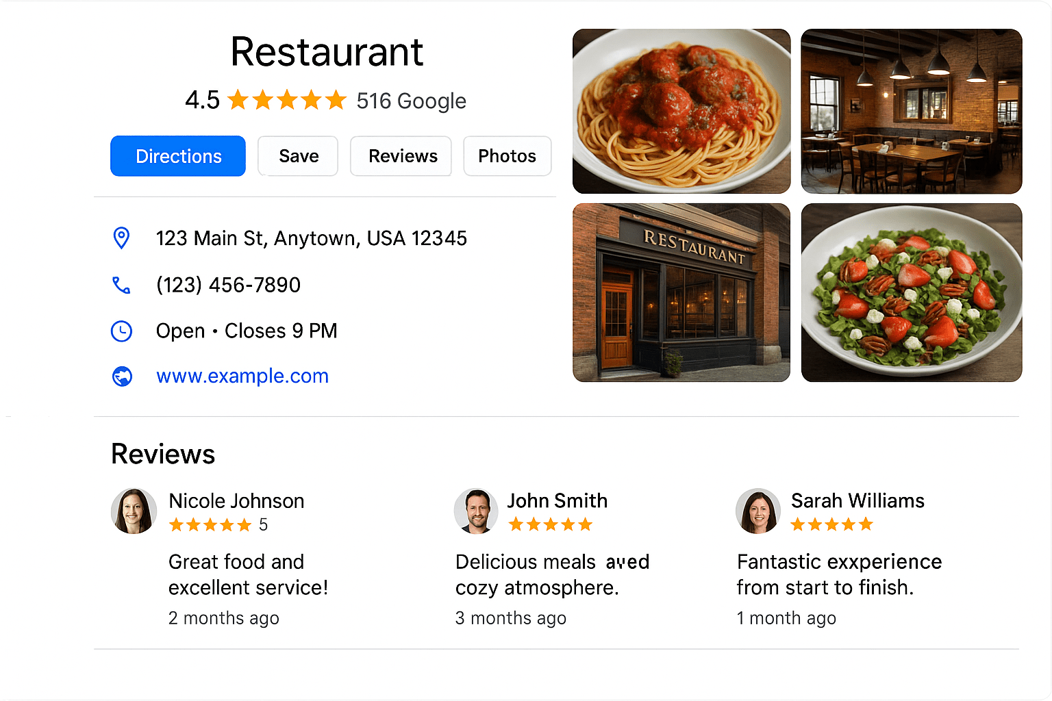 Example of optimized Google My Business listing for local restaurant showing complete profile with photos and customer reviews
