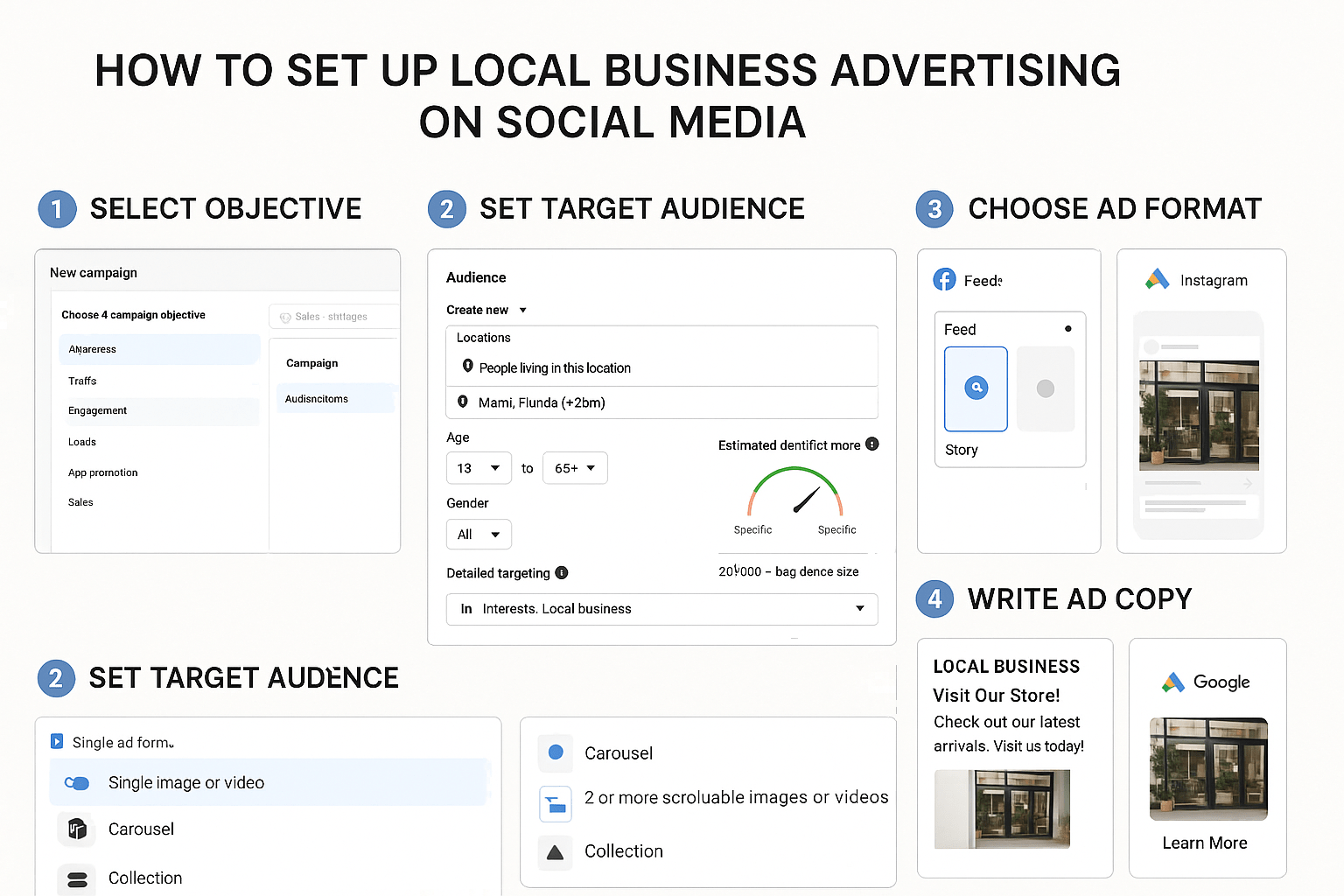 Visual tutorial showing social media advertising setup process for local businesses across multiple platforms