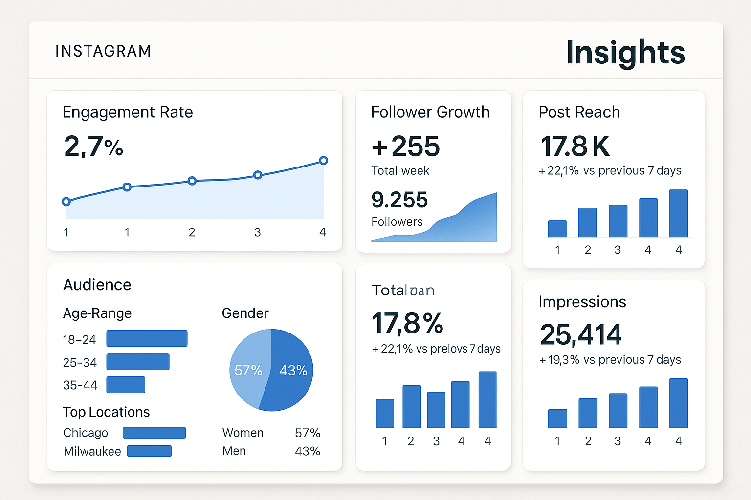 Instagram analytics dashboard for local business showing engagement metrics, audience demographics, and performance insights