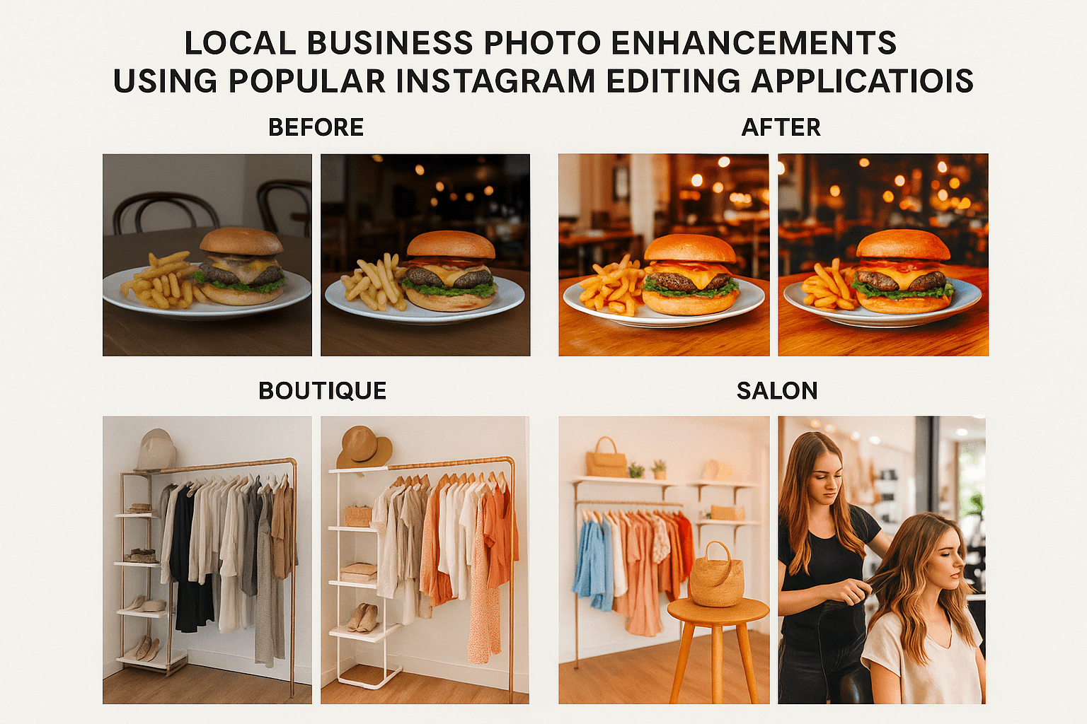 Comparison showing basic Instagram content versus professionally enhanced content created using Instagram applications for local businesses