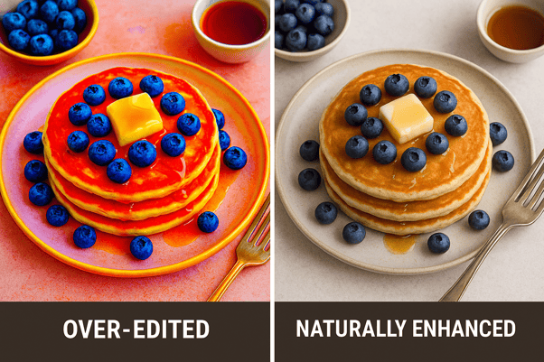Comparison showing over-edited versus naturally enhanced restaurant food photos demonstrating authentic Instagram enhancement techniques