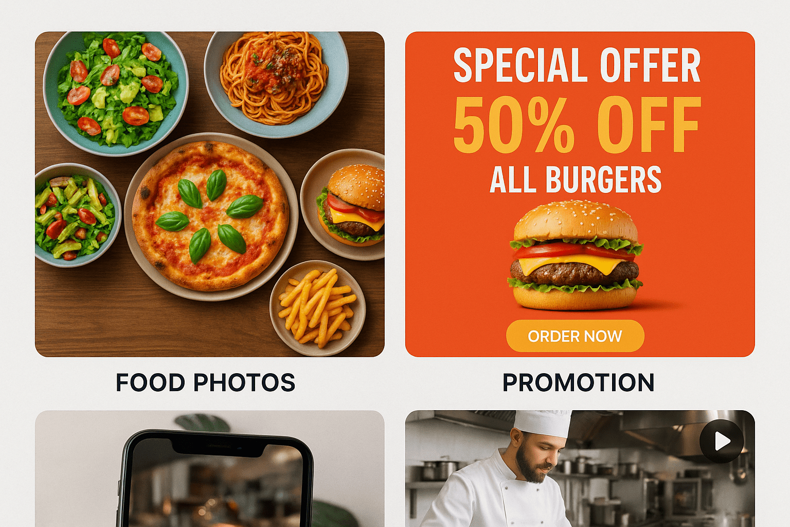 Restaurant content examples created using Instagram apps including enhanced food photos, promotional graphics, and behind-the-scenes videos