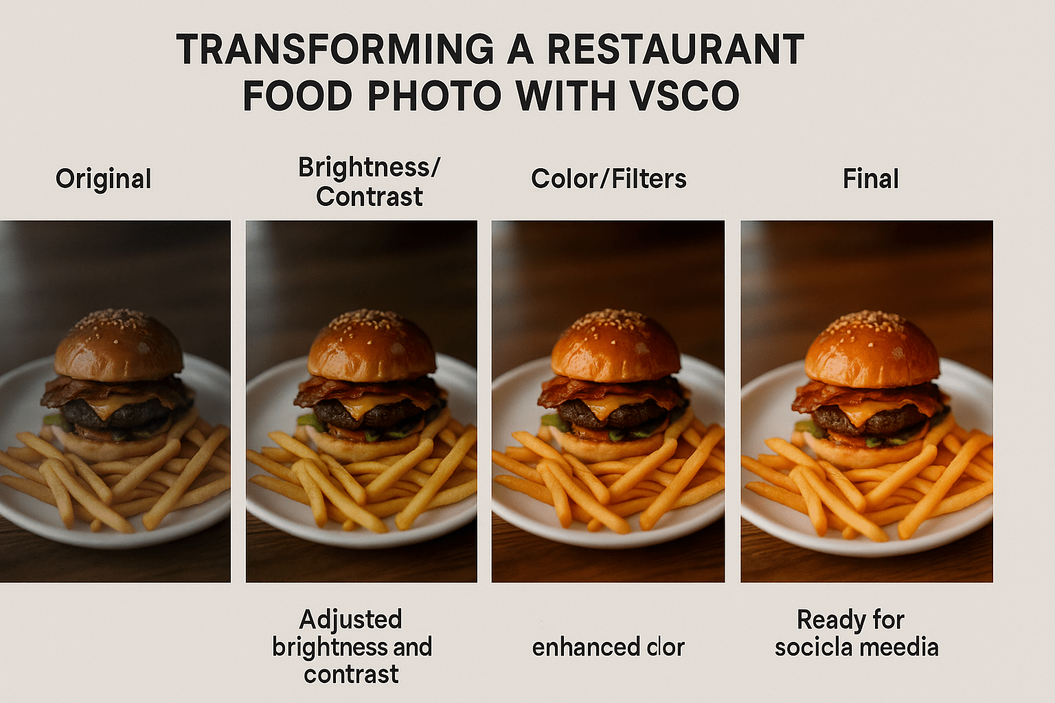 Step-by-step transformation of restaurant food photo using VSCO app showing editing process from basic to professional