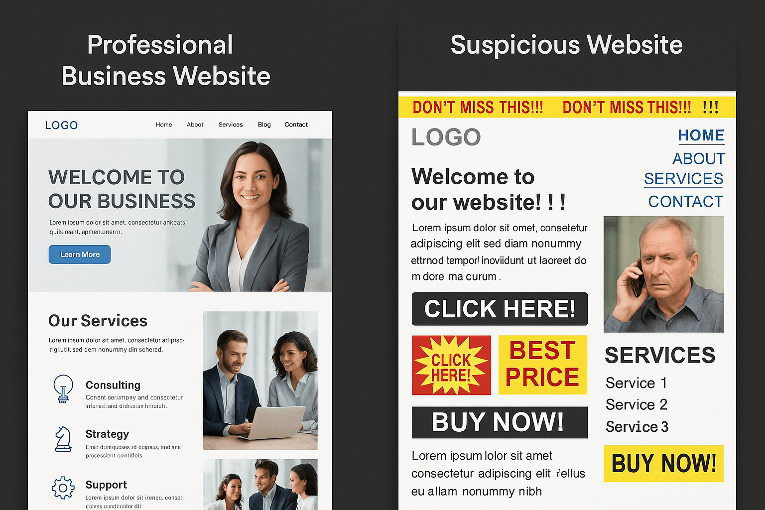 Professional business website design compared to suspicious website showing design quality differences for business evaluation