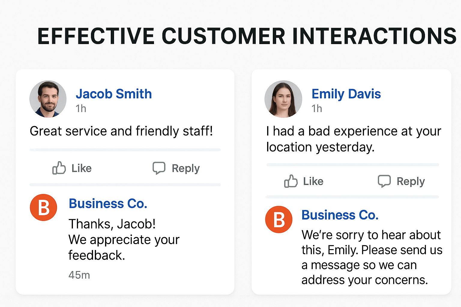 Examples of professional Facebook business page customer interactions showing proper response techniques for reviews and comments