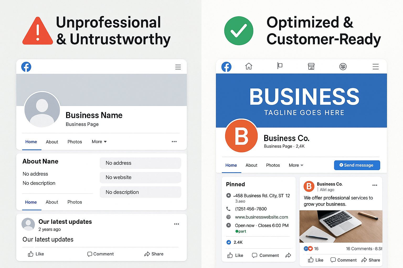 Comparison showing incomplete Facebook business page setup versus fully optimized page with complete business information and professional presentation
