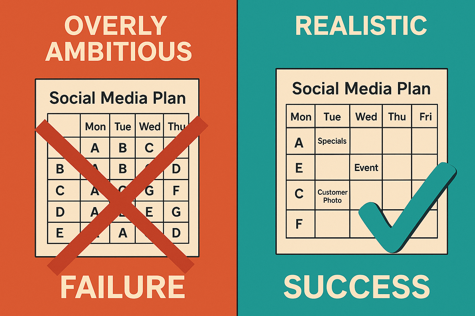 Comparison showing failed overly ambitious media business plans versus successful realistic social media strategies sustainable for local restaurant operations and resource constraints