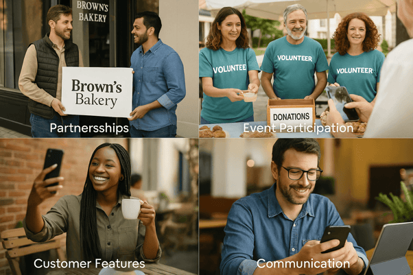 Local community engagement examples for media business plan showing business partnerships, event participation, customer storytelling, and responsive communication for restaurant social media