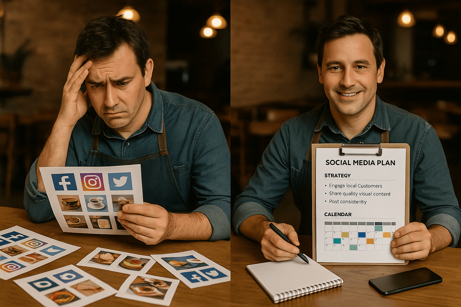 Comparison between chaotic social media approach and organized media business plan showing structured content strategy for local restaurant marketing