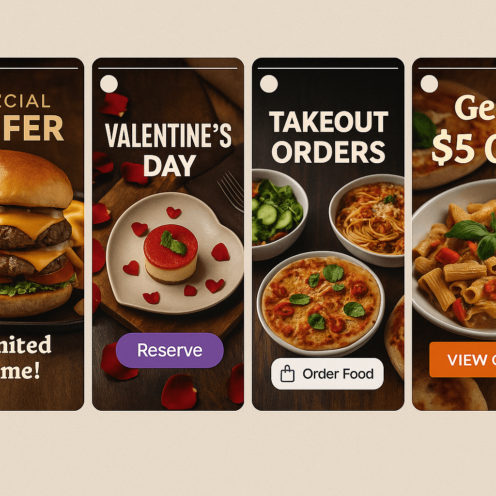 Instagram corporate promotional features showing Stories with reservation calls-to-action, special offer announcements, and direct ordering integration for restaurant marketing