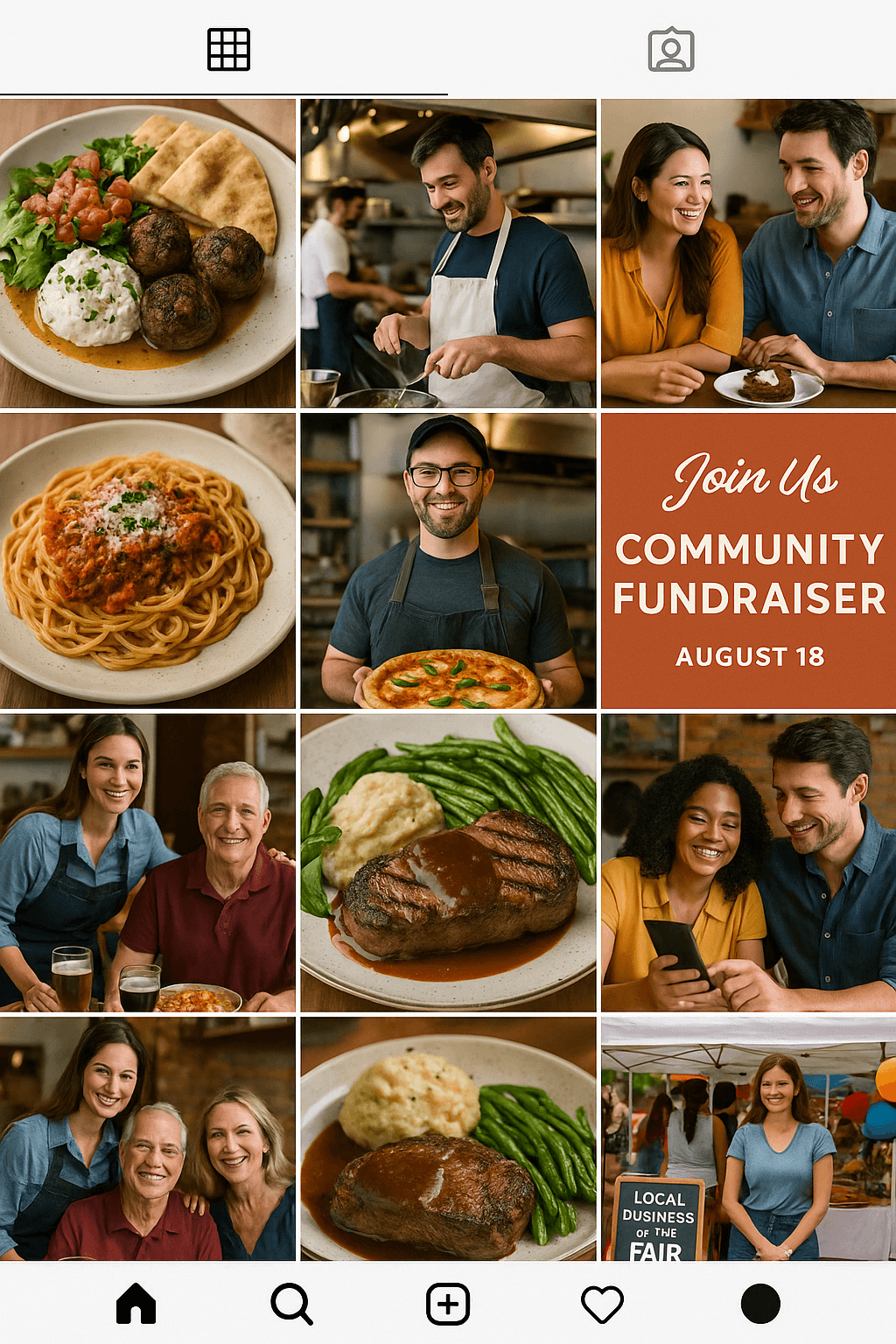Instagram corporate content strategy examples showing professional food photos, kitchen preparation, customer experiences, and community engagement for restaurant marketing