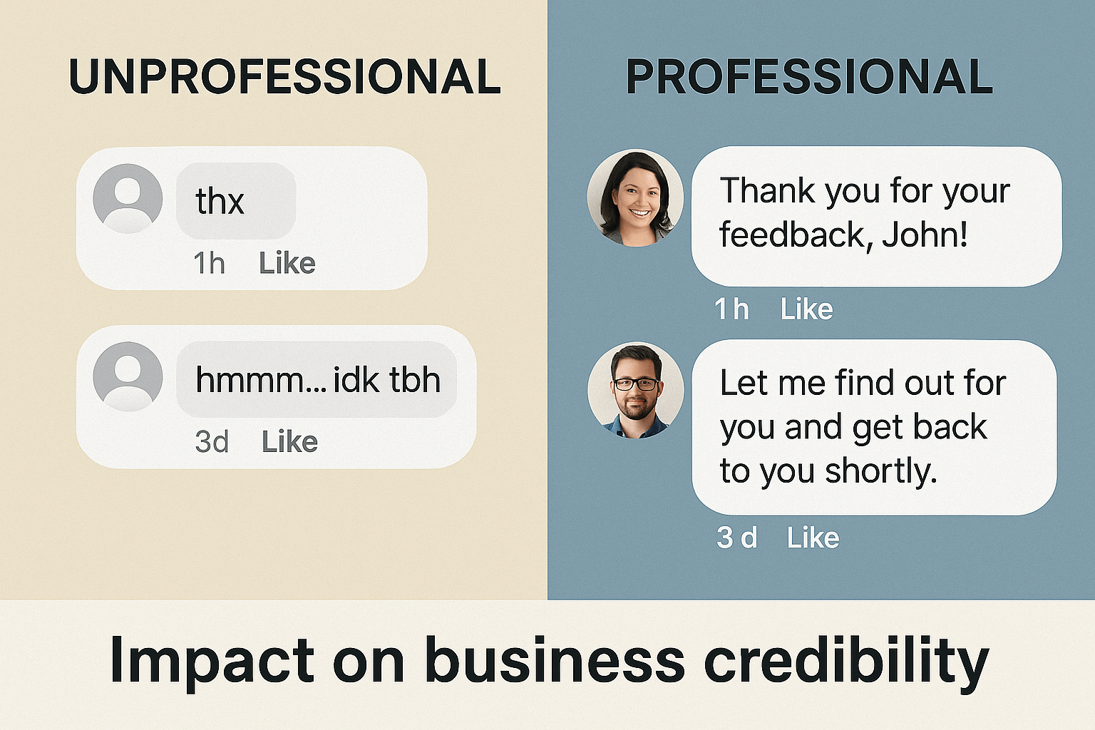 Comparison showing unprofessional casual Facebook customer support responses versus professional business communication standards and their impact on customer perception and business credibility