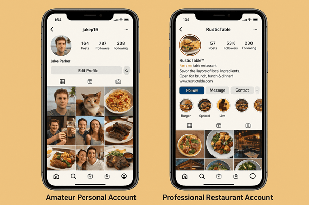 Comparison between personal Instagram posts and professional Instagram corporate account showing branded restaurant content, business information, and professional presentation