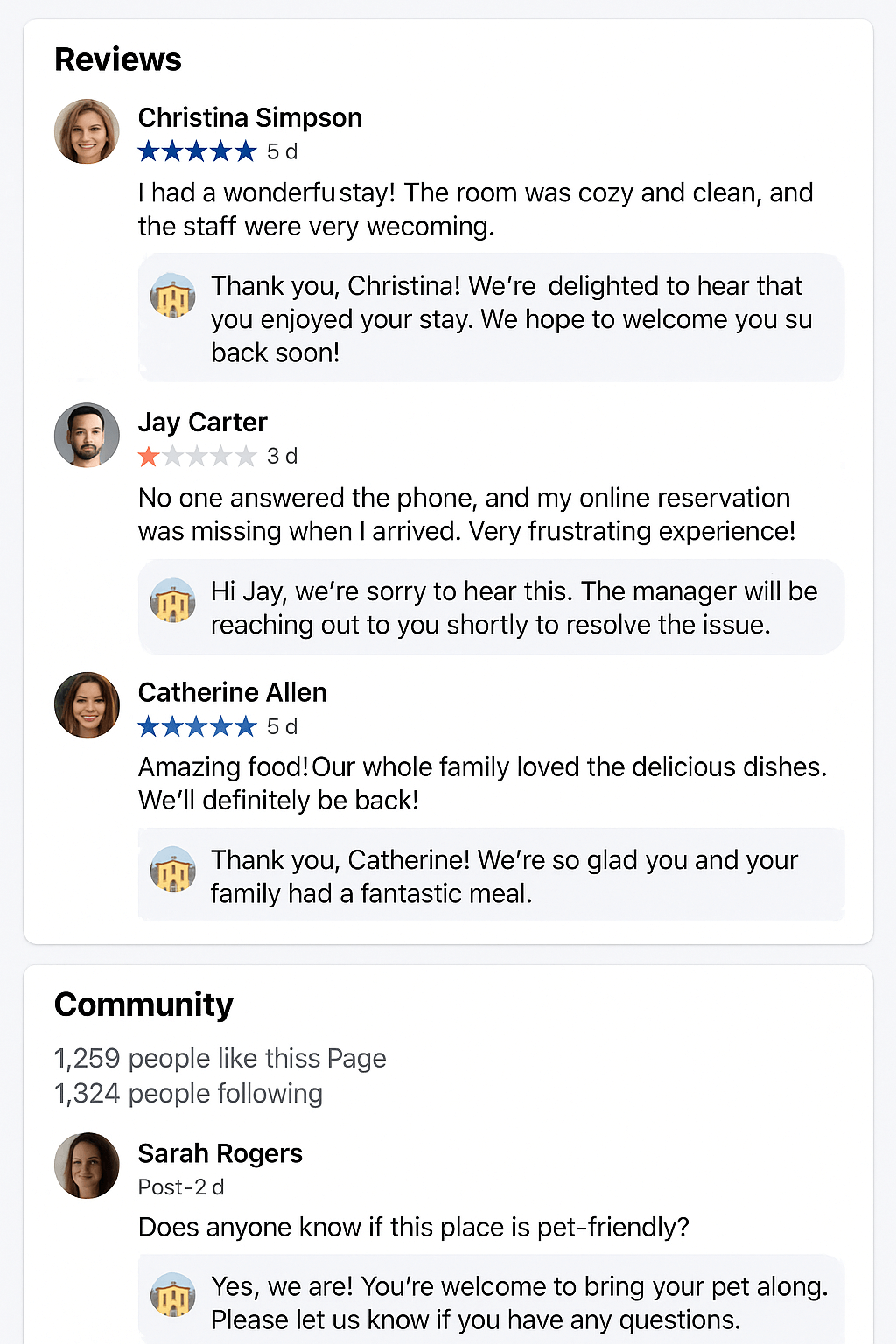 Customer support Facebook examples showing professional review responses, complaint resolution procedures, and community engagement strategies for local restaurant reputation management]