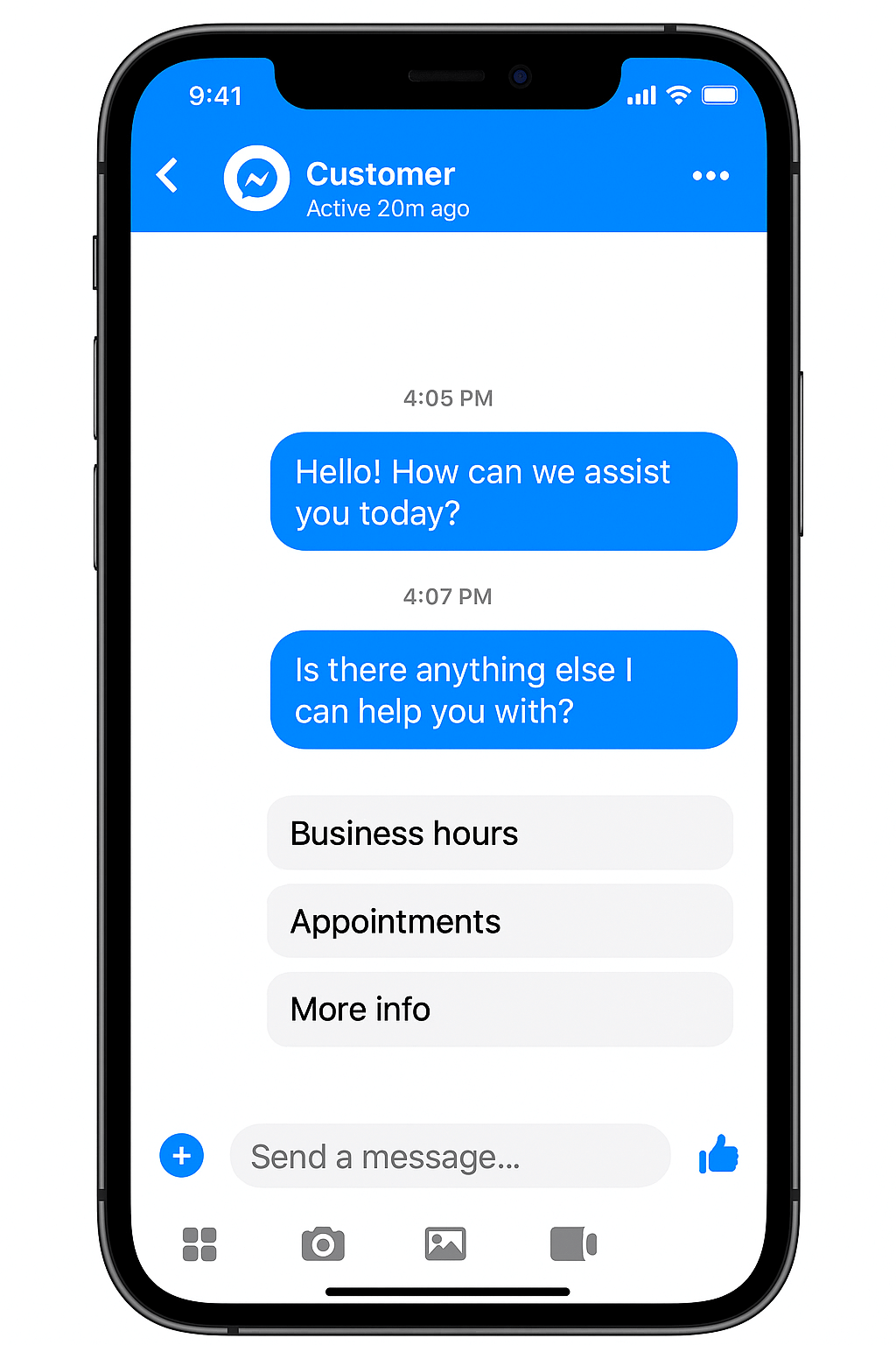 Professional customer support Facebook Messenger setup showing automated greetings, quick reply templates, and organized conversation management for local restaurant customer service