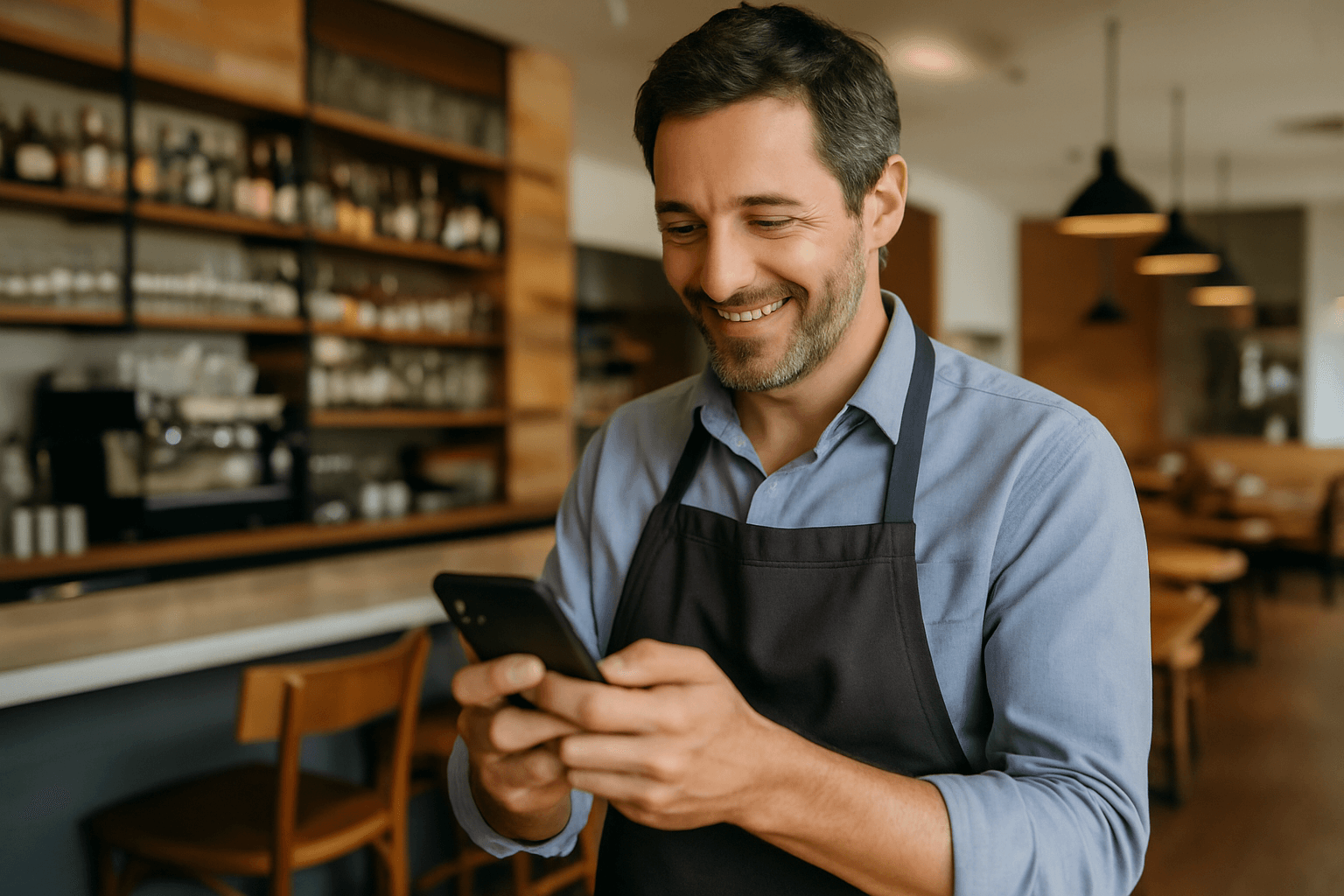 Restaurant owner efficiently handling customer support Facebook messages and inquiries while maintaining daily operations, showing professional customer service management