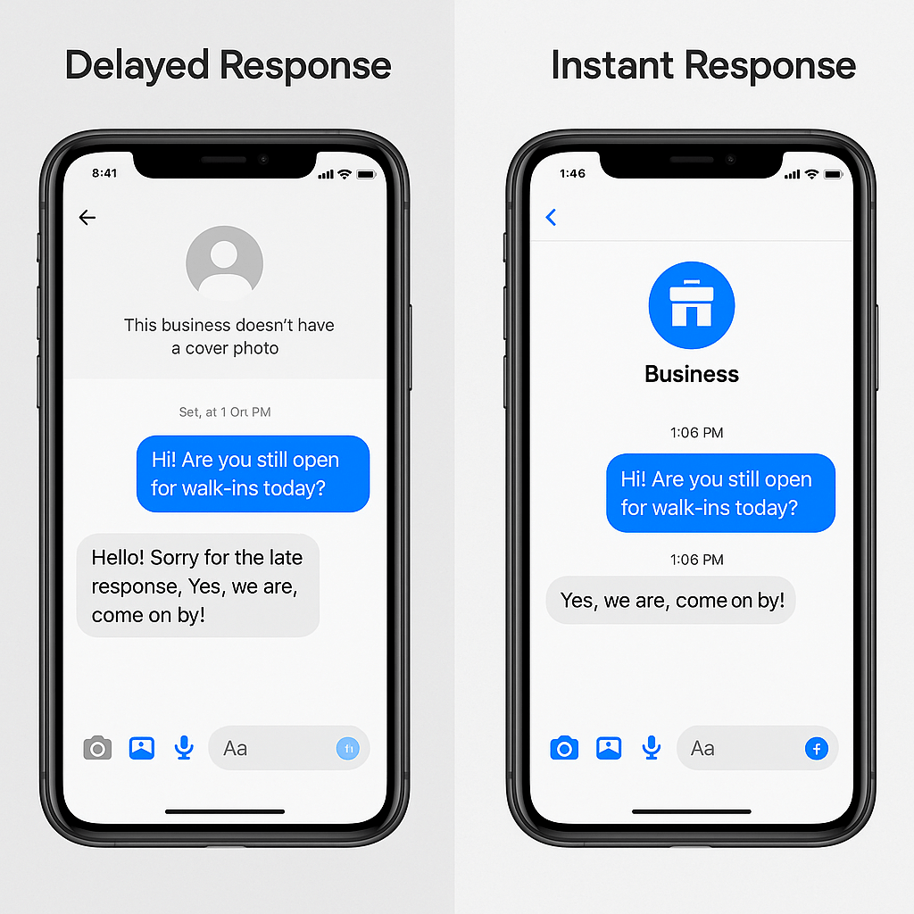 Comparison between delayed Facebook message responses and instant live chat communication showing improved customer service for local businesses