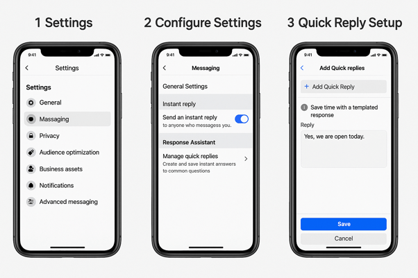 Facebook Messenger setup tutorial showing business page messaging configuration, instant reply setup, and quick response button creation for local businesses