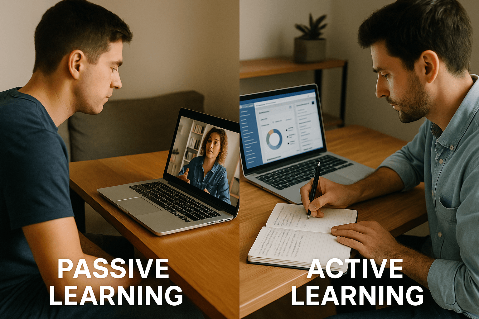 Comparison showing ineffective passive online learning versus effective active implementation of online social media courses for local business growth