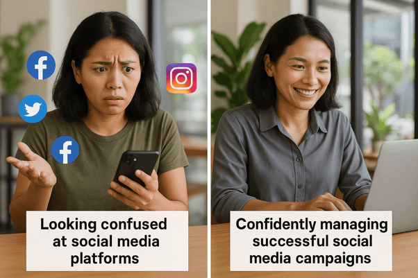 Local business owner transformation from social media confusion to confident management through online social media courses training