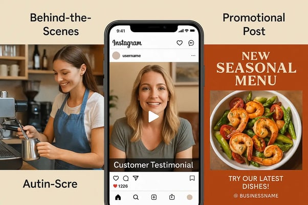 Various Instagram content types including behind-the-scenes content, customer testimonials, and promotional posts