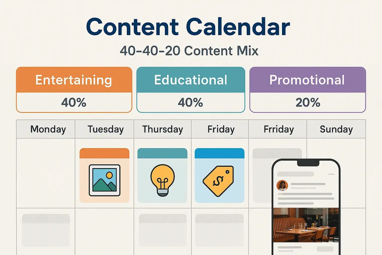 Visual content calendar template showing balanced mix of behind-the-scenes, customer-focused, and promotional content for social media