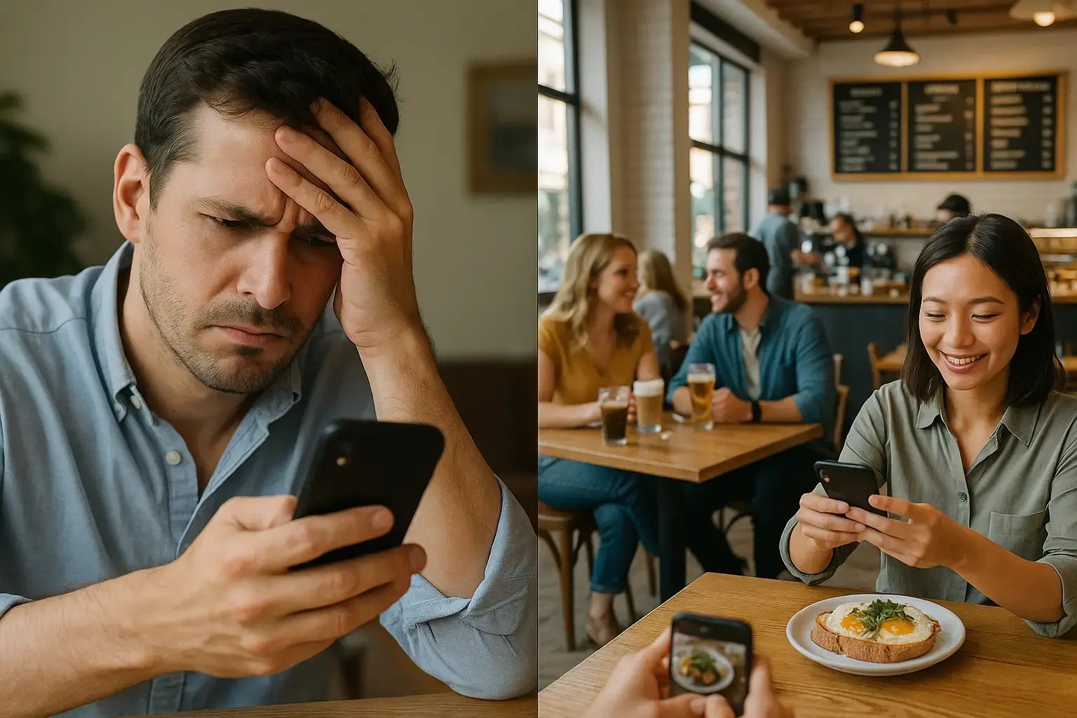 Business owner comparing their social media results with successful local cafe's social media engagement