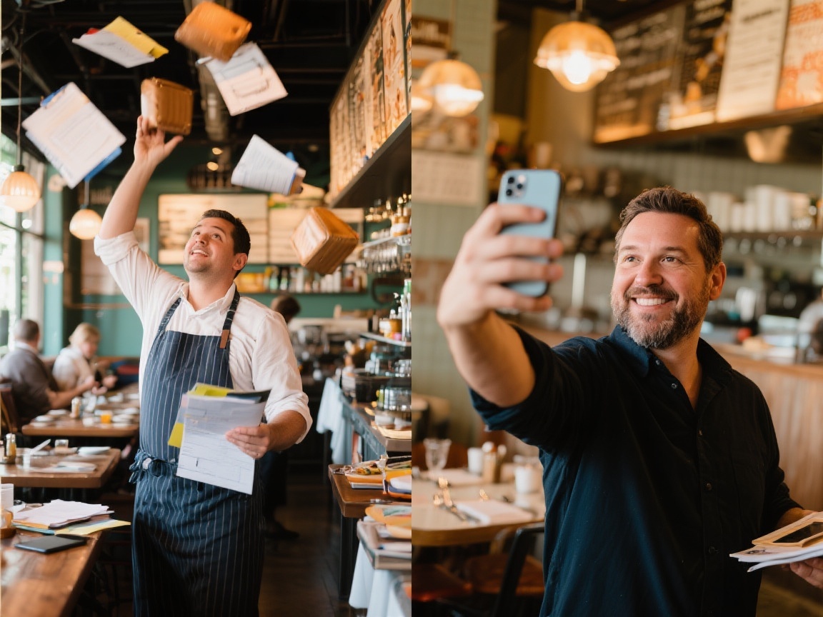 Local business owner managing multiple tasks while efficiently creating social media content