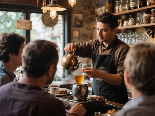 Traditional coffee shop owner demonstrating tea-making process while customers photograph