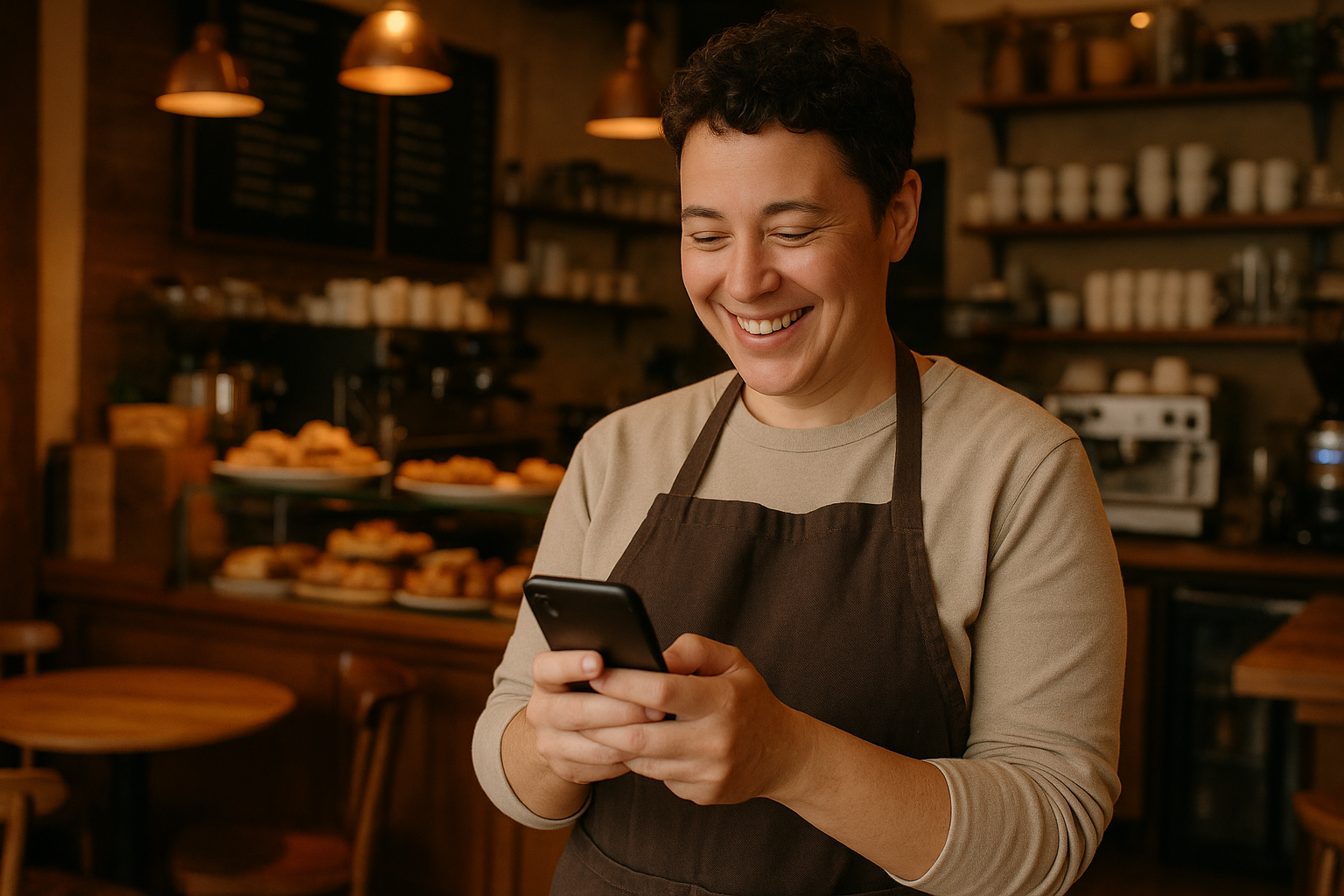 A coffee shop owner successfully using a social media management website to grow their business.