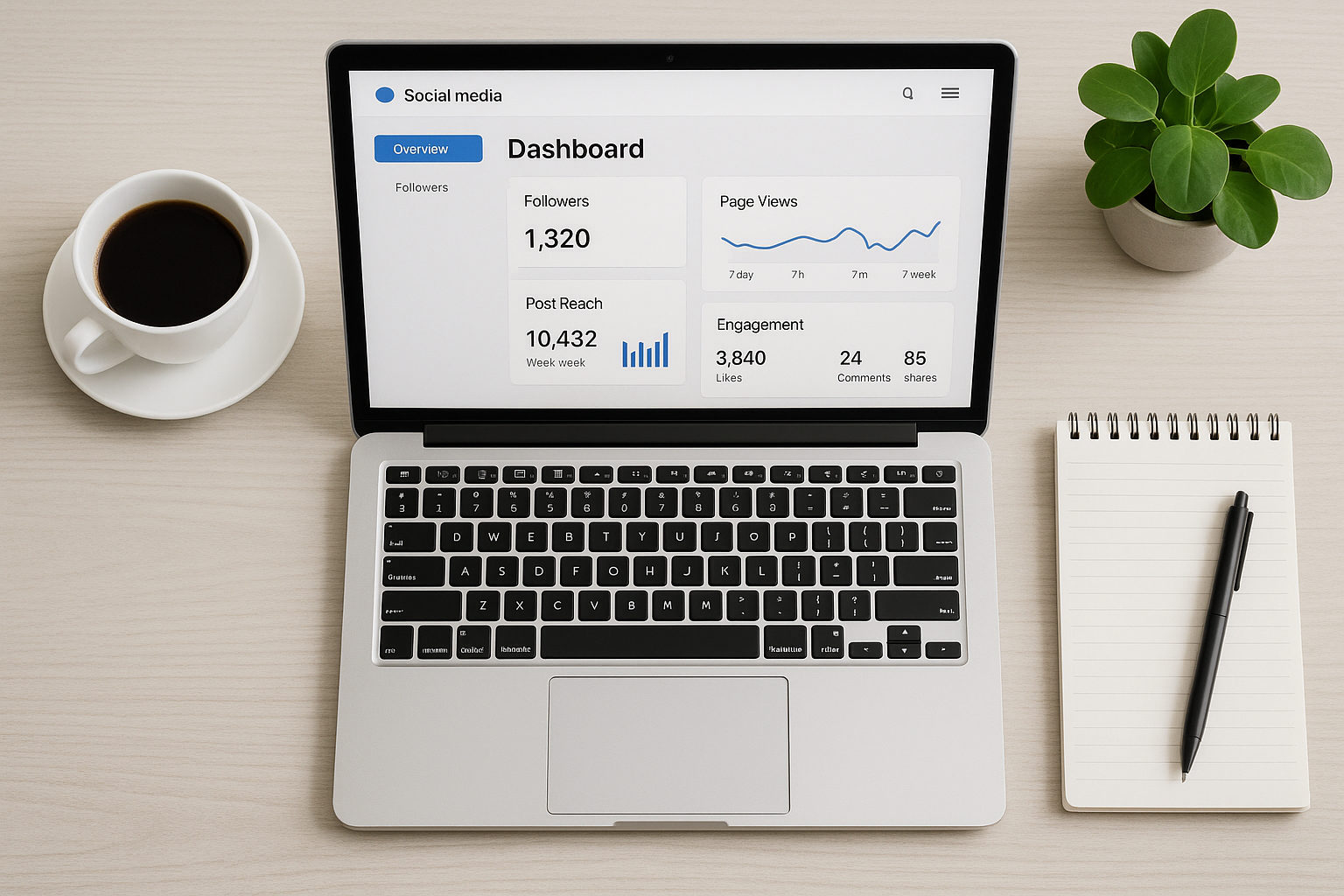A desk showing an organized approach to manage all your social media using a laptop and a content plan.