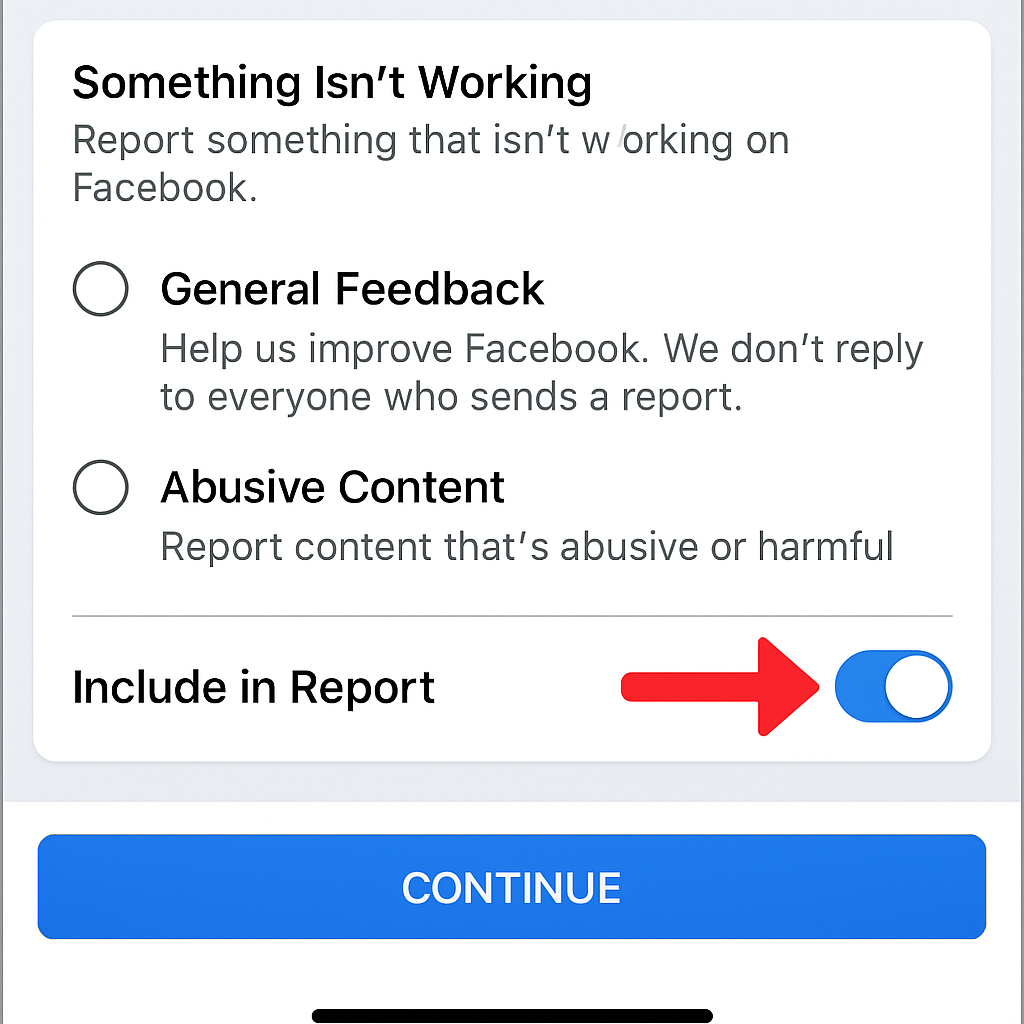 A screenshot showing how to use the 'Report a problem' feature on Facebook to get support.