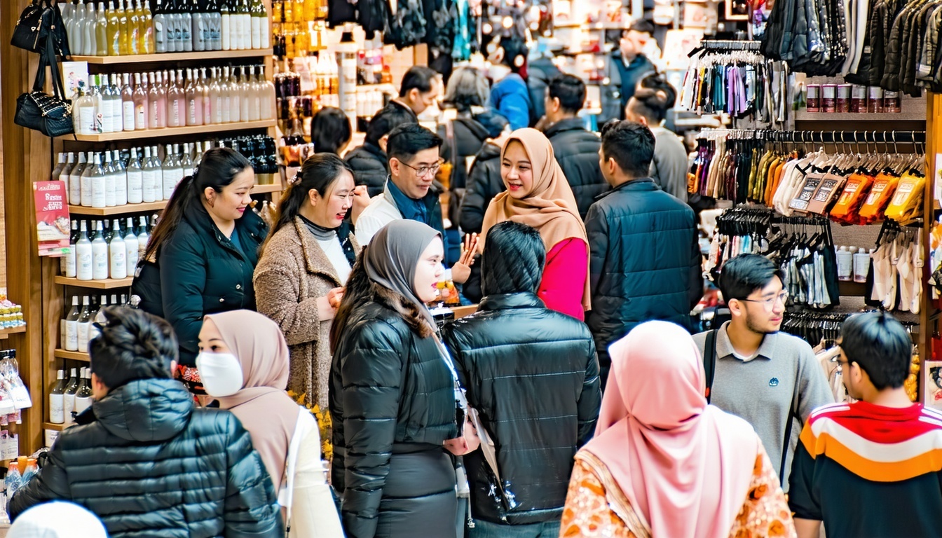 A bustling marketplace with diverse consumers enga