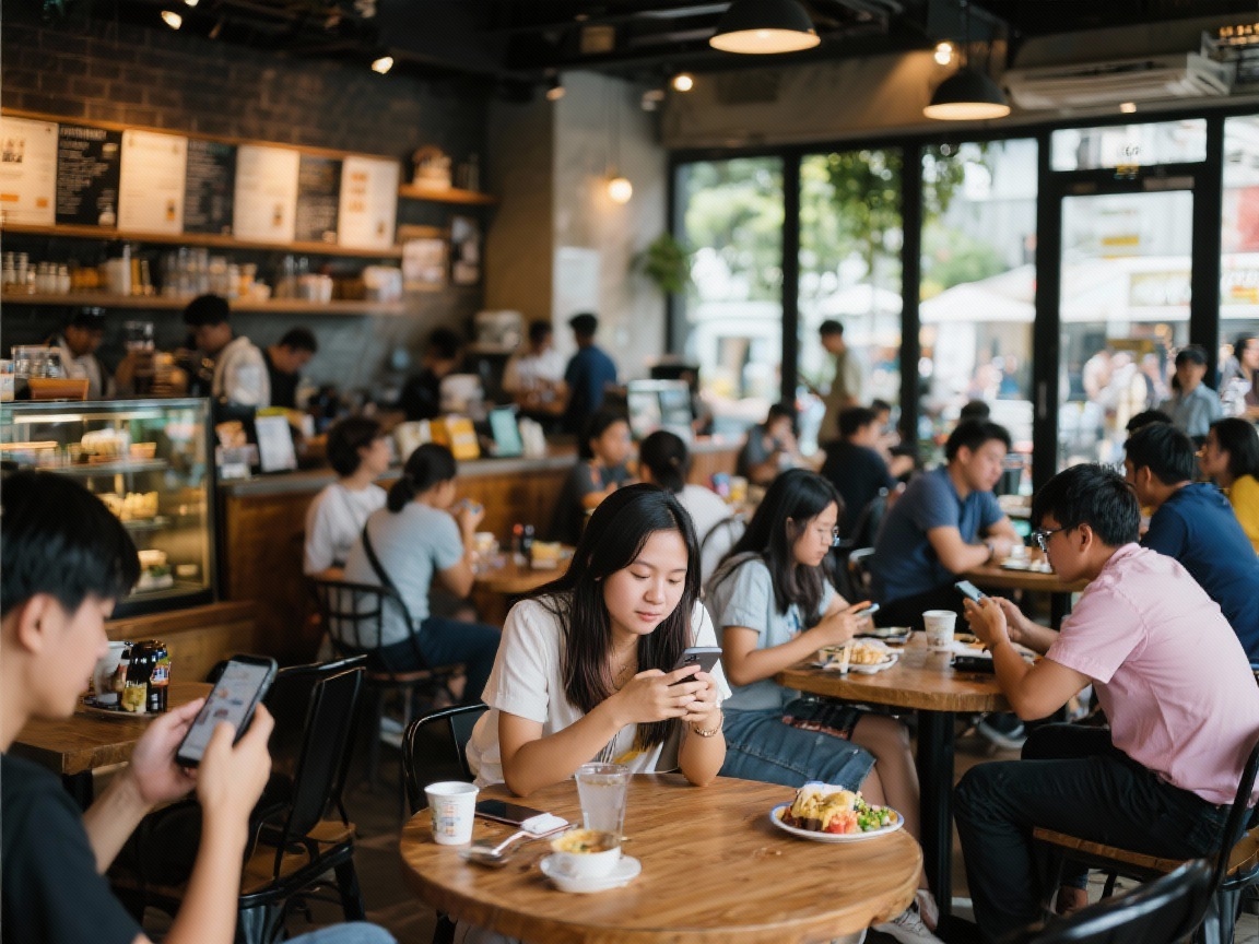 Busy Southeast Asian café scene with customers using smartphones