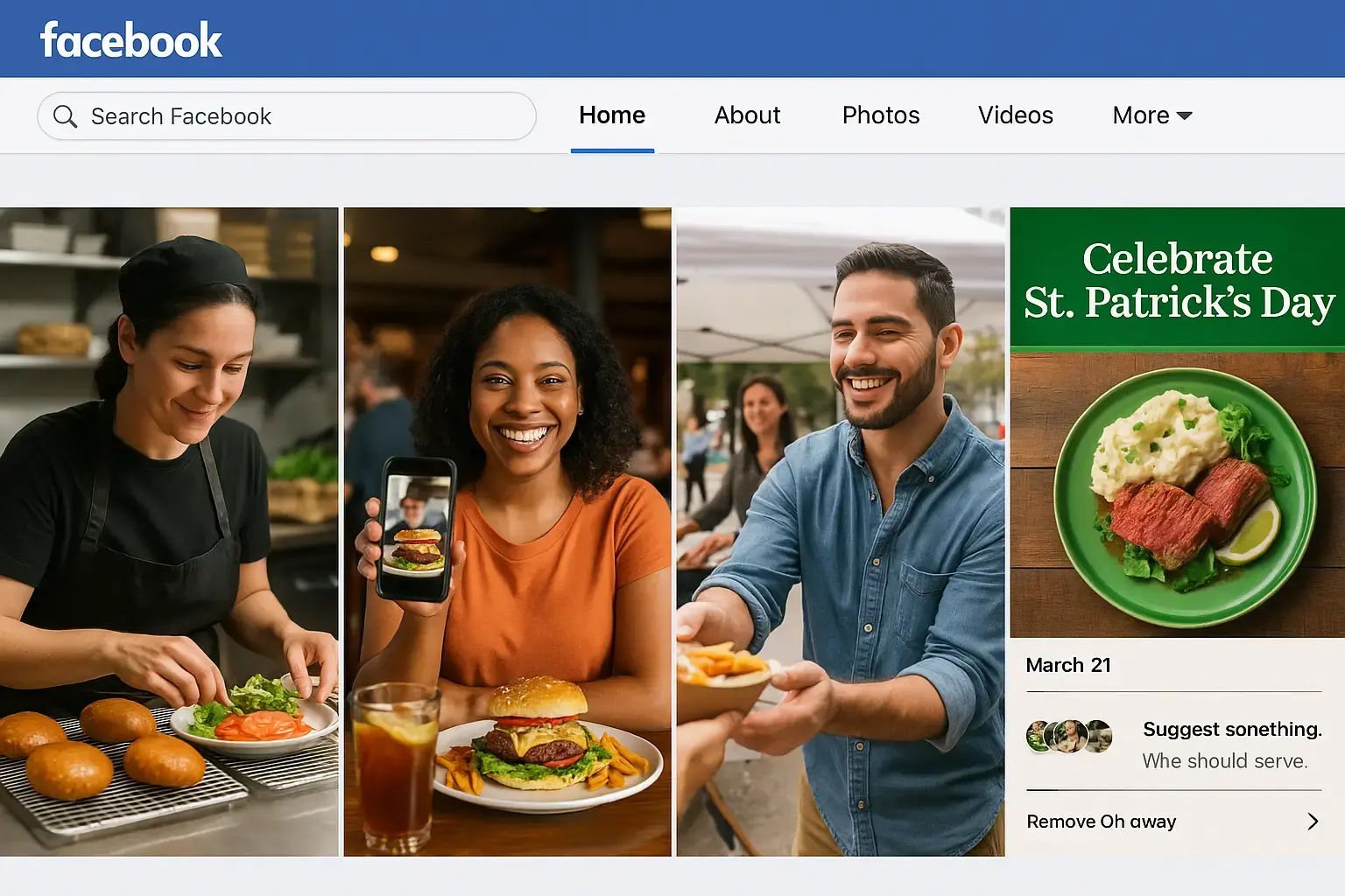 Facebook feed showing mix of behind-the-scenes content, customer features, local community engagement, and seasonal promotions for local restaurant