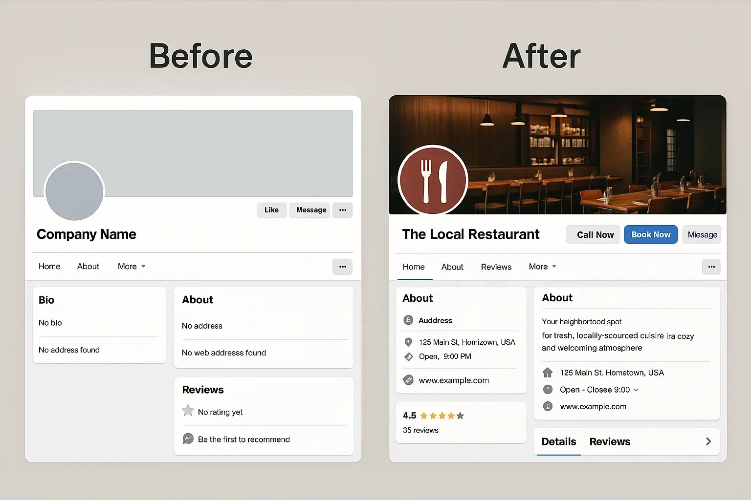 Before and after comparison showing incomplete Facebook company account versus fully optimized business page with complete information and professional presentation