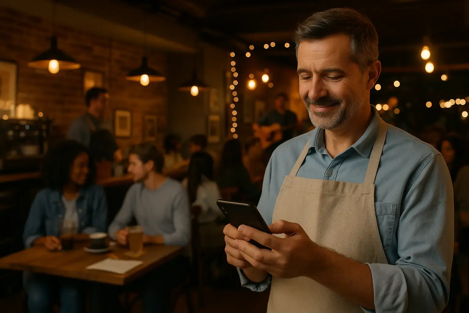 Coffee shop owner managing Facebook events while hosting a successful customer gathering