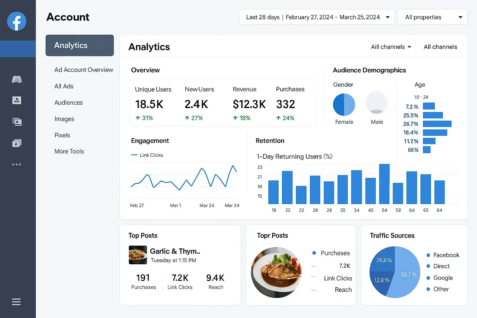 Facebook Business Manager dashboard displaying customer insights and engagement metrics for local business